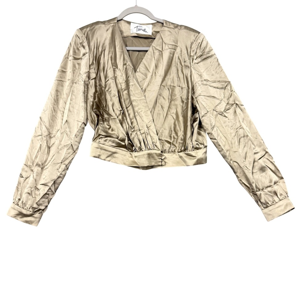 Travilla Blouse Womens 12 Beige Satin Wrap V Neck Cropped Long Sleeve Top